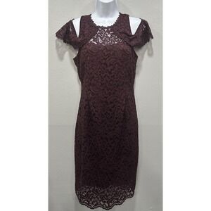 White House Black Market Midi Lace Dress Sz 6 Burgundy Cold Shoulder Lining Zip